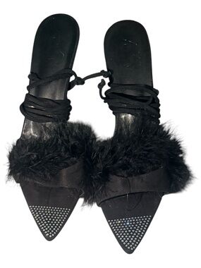 Black Faux Fur Pointed Toe Mules with Crystal Trim